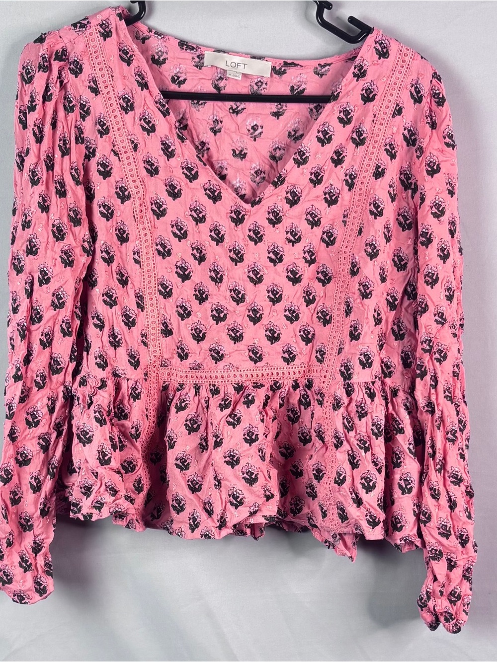 LOFT Pink Floral V-Neck Peplum Top with Black Print